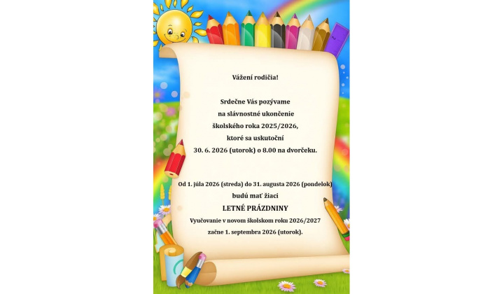 Fotka pre článok Oznam - 30.06.2026 slávnostné ukončenie školského roka 
