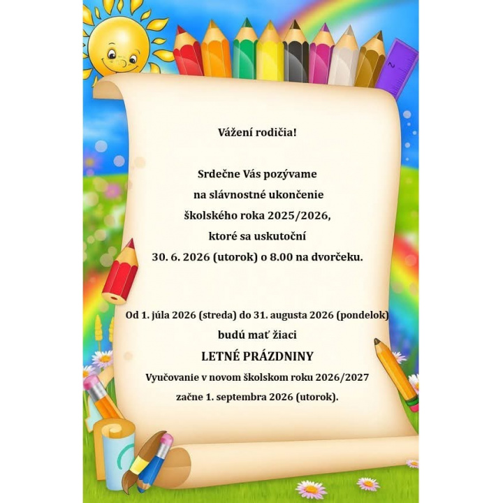 Menšia fotka pre článok Oznam - 30.06.2026 slávnostné ukončenie školského roka 