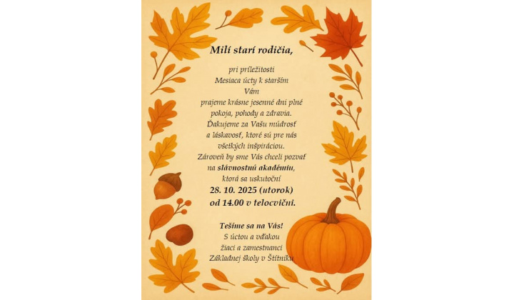 Fotka pre článok Pozvánka - 28.10.2025 slávnostná akadémia pri príležitosti Mesiaca úcty k starším 