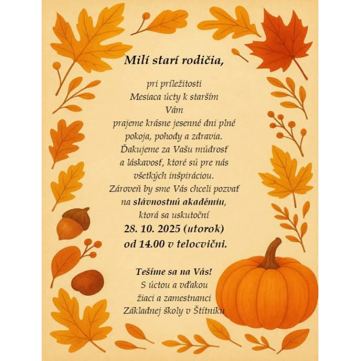 Menšia fotka pre článok Pozvánka - 28.10.2025 slávnostná akadémia pri príležitosti Mesiaca úcty k starším 