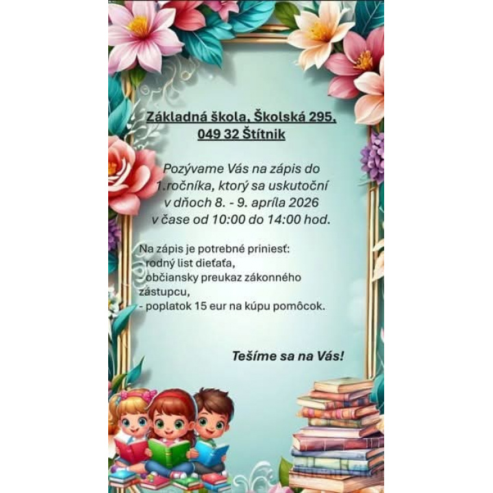 Menšia fotka pre článok POZVÁNKA - 8.- 9.4.2026  zápis do 1. ročníka 